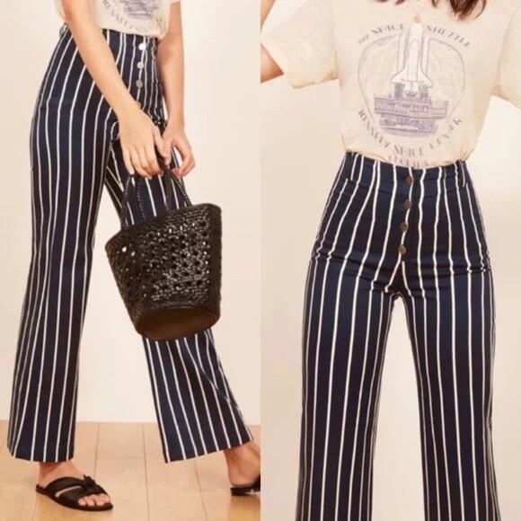 Reformation Bowie Capone High Waist Button Stripe Wide Leg Pants Blue Sz 4 - Picture 2 of 12